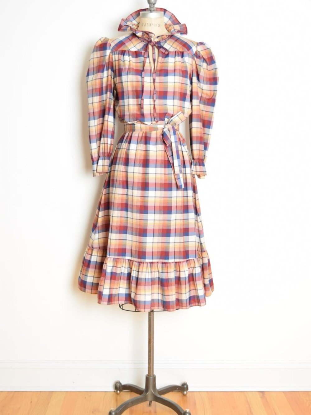 vintage 70s dress cottagecore plaid ruffle prairie secretary midi Victorian M L